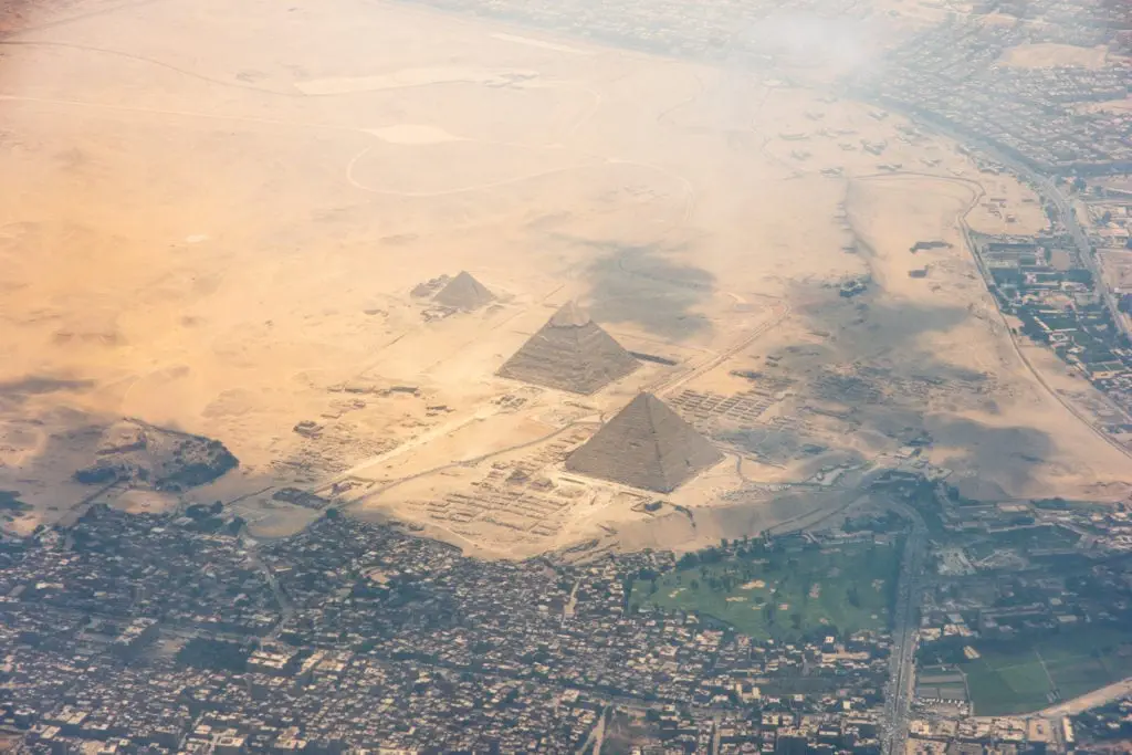 Giza Necropolis or complex is located south-west of Cairo. It includes the three famous pyramids and the Great Sphinx of Giza